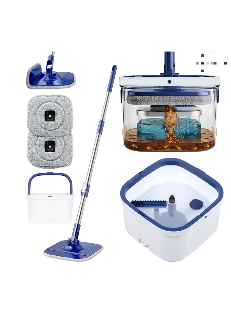 rayze Upgraded Spin Mop and Bucket System Set: Self-Separating Clean and Dirty Water, Foldable Square Vertical Mop Head, Includes Extra-Soft Microfiber Mop Pads, Detachable Bucket (Blue + White, Mop Set Comes with 2 Pads) - Image 1